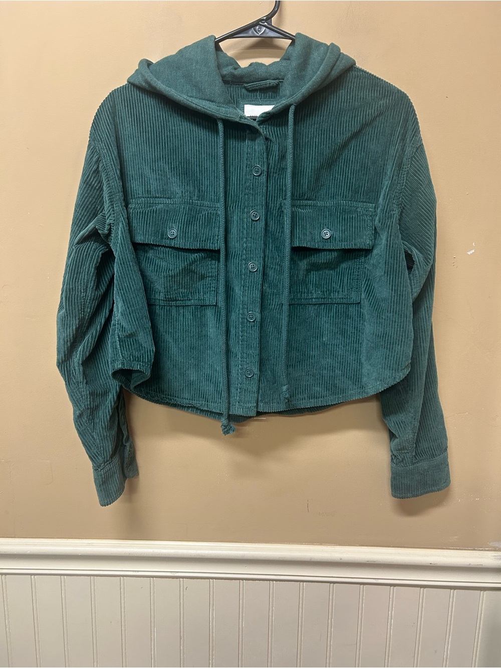 American Eagle Shacket Jacket Womens XS Corduroy Hoodie Cropped Green